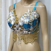 Turquoise Gold Goddess Mermaid Dance Costume Rave Bra Mermaid Halloween Burlesque Show Girl - Thumbnail 2