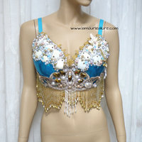 Turquoise Gold Goddess Mermaid Dance Costume Rave Bra Mermaid Halloween Burlesque Show Girl - Thumbnail 1