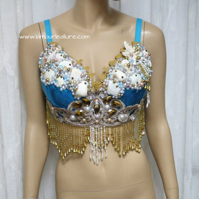 Turquoise gold goddess mermaid dance costume rave bra mermaid halloween burlesque show girl - Thumbnail 3