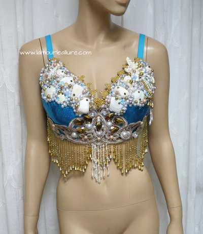 Turquoise Gold Goddess Mermaid Dance Costume Rave Bra Mermaid Halloween Burlesque Show Girl