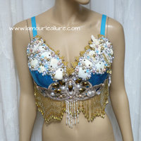 Turquoise Gold Goddess Mermaid Dance Costume Rave Bra Mermaid Halloween Burlesque Show Girl - Thumbnail 4