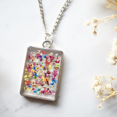 Real dried flowers in resin necklace, silver square in party mix