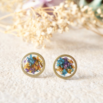 Real dried flowers and resin circle stud earrings in purple orange blue