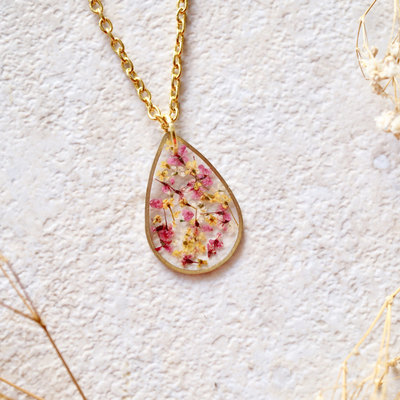 Real dried flowers and resin necklace, gold teardrop in pink and yellow mix