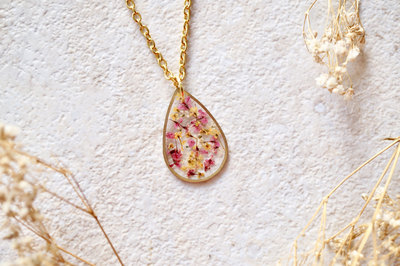 Real Dried Flowers and Resin Necklace, Gold Teardrop in Pink and Yellow Mix