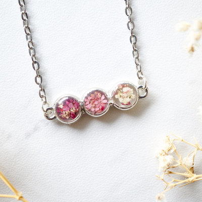 Real dried flowers and resin necklace ombre pink white bar