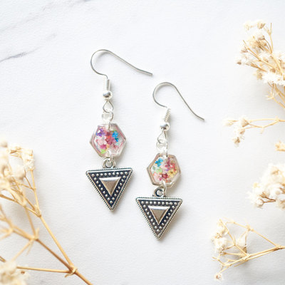 Real dried flowers and resin earrings in silver and party mix with tribal boho arrowhead
