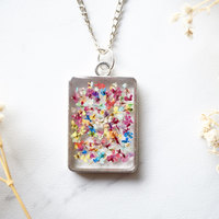 Real Dried Flowers in Resin Necklace, Silver Square in Party Mix - Thumbnail 1