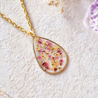 Real Dried Flowers and Resin Necklace, Gold Teardrop in Pink and Yellow Mix - Thumbnail 1