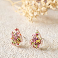 Real Dried Flowers and Resin Teardrop Stud Earrings in Pink Purple Yellow Red Green - Thumbnail 1