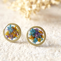 Real Dried Flowers and Resin Circle Stud Earrings in Purple Orange Blue - Thumbnail 2