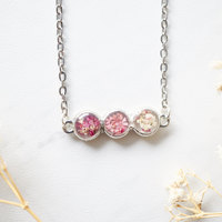 Real Dried Flowers and Resin Necklace Ombre Pink White Bar - Thumbnail 1