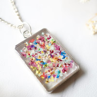 Real Dried Flowers in Resin Necklace, Silver Square in Party Mix - Thumbnail 3