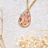 Real Dried Flowers and Resin Necklace, Gold Teardrop in Pink and Yellow Mix - Thumbnail 3