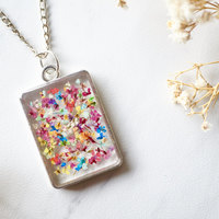 Real Dried Flowers in Resin Necklace, Silver Square in Party Mix - Thumbnail 4