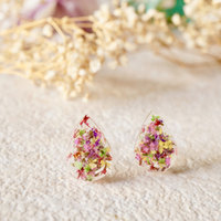 Real Dried Flowers and Resin Teardrop Stud Earrings in Pink Purple Yellow Red Green - Thumbnail 2