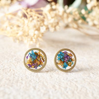 Real Dried Flowers and Resin Circle Stud Earrings in Purple Orange Blue - Thumbnail 4