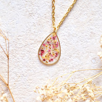 Real Dried Flowers and Resin Necklace, Gold Teardrop in Pink and Yellow Mix - Thumbnail 4