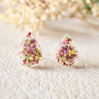 Real Dried Flowers and Resin Teardrop Stud Earrings in Pink Purple Yellow Red Green - Thumbnail 3