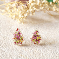 Real Dried Flowers and Resin Teardrop Stud Earrings in Pink Purple Yellow Red Green - Thumbnail 4