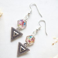 Real Dried Flowers and Resin Earrings in Silver and Party Mix with Tribal Boho Arrowhead - Thumbnail 3