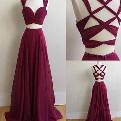Burgundy  two pieces chiffon long prom dress,burgundy formal dresses