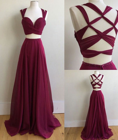 Burgundy  two pieces chiffon long prom dress,burgundy formal dresses