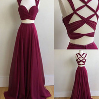 Burgundy  two pieces chiffon long prom dress,burgundy formal dresses - Thumbnail 1