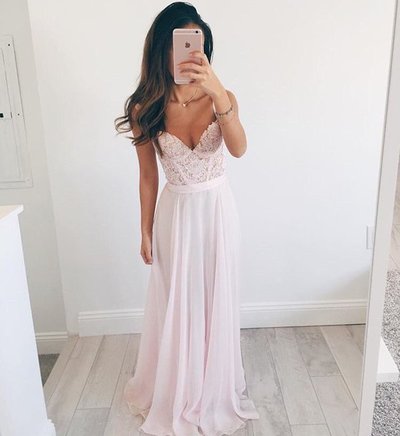Elegant prom dress,A-line V-neck Long bridesmaid dress,Chiffon Pink Long Prom Dress