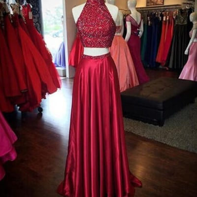 Red sequins prom dress,beading prom/evening dress,high-slit taffeta two pieces prom dresses 2017