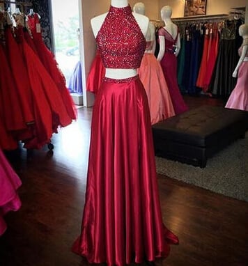 Red Sequins prom dress,beading prom/evening dress,High-Slit Taffeta Two Pieces Prom Dresses 2017