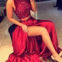 Red Sequins prom dress,beading prom/evening dress,High-Slit Taffeta Two Pieces Prom Dresses 2017 - Thumbnail 1