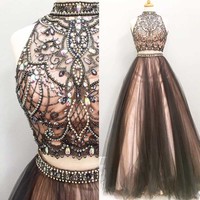 Two pieces prom dresses, A line Beaded prom dress, 2017 Tulle prom dress, Long prom dress - Thumbnail 1