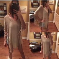 Khaki Knitted Boho Poncho/Cover Up - Thumbnail 1