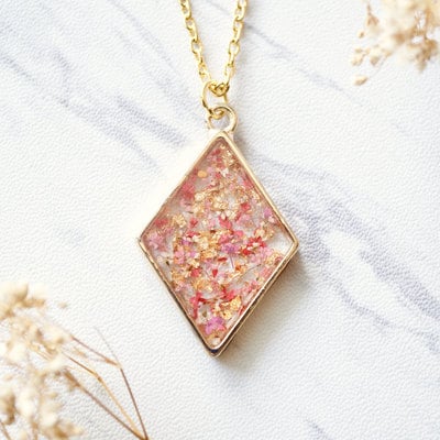 Real dried flowers and resin necklace gold diamond in pinks, orange, gold foil