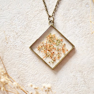 Real dried flowers and resin necklace, diamond orange mix