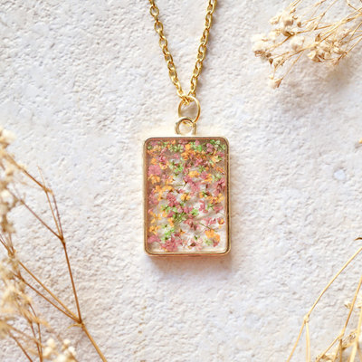 Real dried flowers in resin necklace, gold rectangle in pink green orange mix