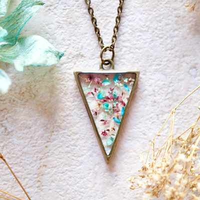 Real dried flowers in resin necklace, triangle in pink blue mint