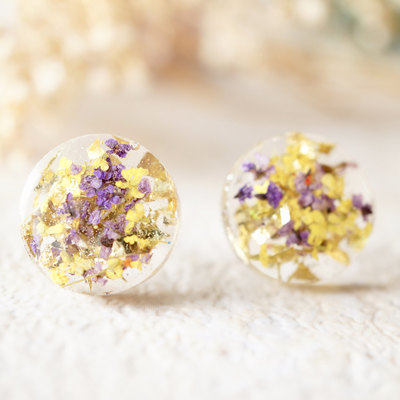 Real dried flowers and resin circle stud earrings in purple, yellow and gold flakes