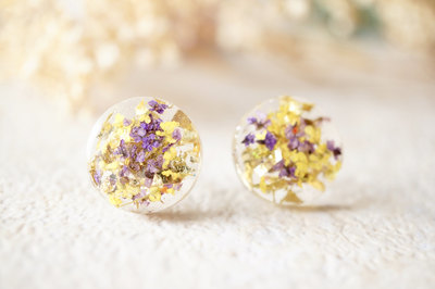 Real Dried Flowers and Resin Circle Stud Earrings in Purple, Yellow and Gold Flakes