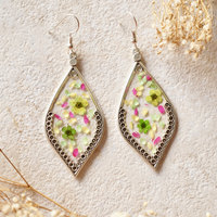 Real Dried Flowers and Resin Earrings in Green White Pink - Thumbnail 1