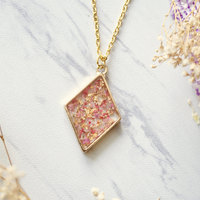 Real Dried Flowers and Resin Necklace Gold Diamond in Pinks, Orange, Gold Foil - Thumbnail 1