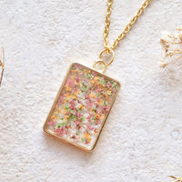 Real Dried Flowers in Resin Necklace, Gold Rectangle in Pink Green Orange Mix - Thumbnail 1