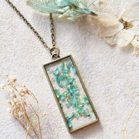 Real Dried Flowers and Resin Necklace, Rectangle Teal and Mint with Teal Flakes - Thumbnail 2