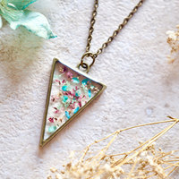 Real Dried Flowers in Resin Necklace, Triangle in Pink Blue Mint - Thumbnail 1