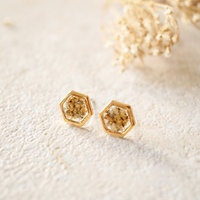 Real Dried Flowers and Resin Hexagon Gold Stud Earrings in Yellow and White - Thumbnail 1