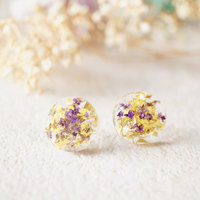 Real Dried Flowers and Resin Circle Stud Earrings in Purple, Yellow and Gold Flakes - Thumbnail 1