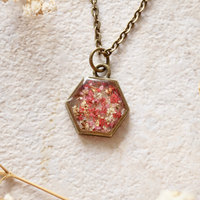 Real Dried Flowers in Resin Necklace, Hexagon in Pinks and White Mix - Thumbnail 1