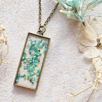 Real Dried Flowers and Resin Necklace, Rectangle Teal and Mint with Teal Flakes - Thumbnail 3