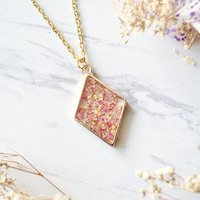 Real Dried Flowers and Resin Necklace Gold Diamond in Pinks, Orange, Gold Foil - Thumbnail 4